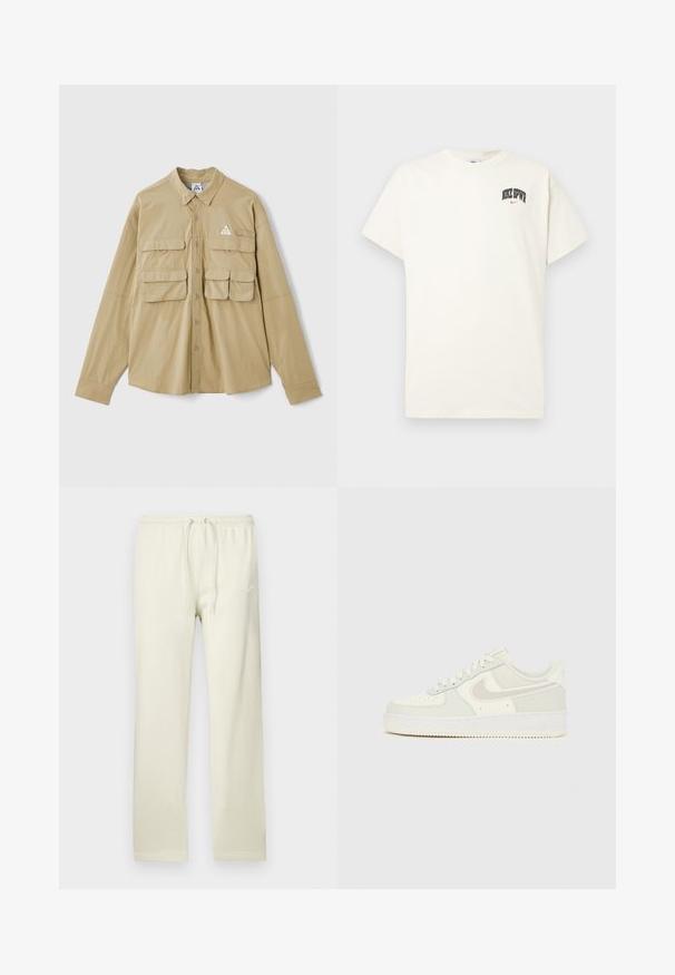 Khaki koszula z długim rękawem, zapinana na guziki, z dwiema przednimi kieszeniami i trójkątną naszywką z logo. Wykonana z lekkiego materiału o gładkiej fakturze.; Beżowa bawełniana koszulka z krótkim rękawem, z napisem "NIKE SB" w czarnym i czerwonym kolorze na klatce piersiowej. Klasyczny okrągły dekolt.; Jasnobeżowe spodnie dresowe z regulowanym sznurkiem w talii, wykonane z miękkiego materiału. Na lewym udzie znajduje się subtelne, białe logo Nike.; Białe sneakersy Nike Air Force 1 z gładką, skórzaną cholewką, jasnoszarymi akcentami, perforacjami na palcach oraz teksturowaną gumową podeszwą.