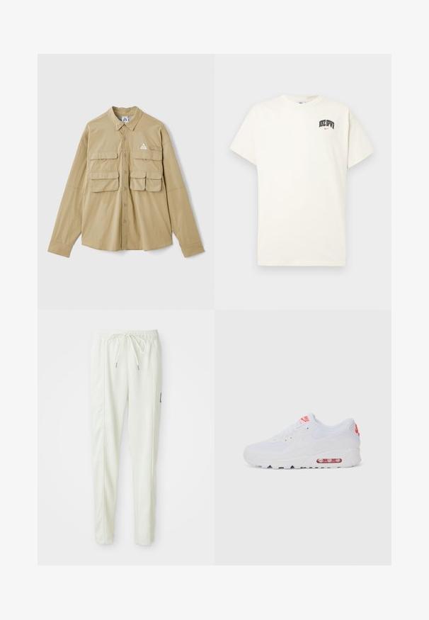 Zilā pogu krekla ar garām piedurknēm, divi priekšējie kabatas un trīsstūra logo uzšuvums. Izgatavots no viegla auduma ar gludu tekstūru.; Kremkrāsas kokvilnas T-krekls ar īsām piedurknēm, ar uzrakstu "NIKE SB" melnā un sarkanā krāsā uz krūtīm. Standarta apaļa apkakle.; Baltas slaida griezuma bikses ar elastīgu jostu un auklu, ar sānu šuvēm un mazu melnu uzlīmi labajā kājā.; Baltas sporta apavi ar gludu augšdaļu, saitēm, mīkstu zoli un redzamu gaisa vienību ar sarkaniem akcentiem uz zīmola.