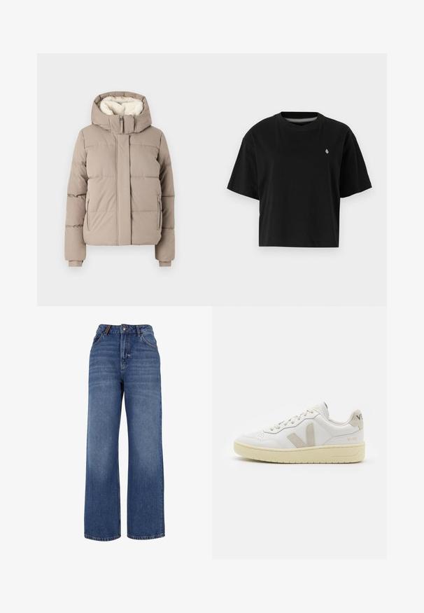 Hollister Co. ALL WEATHER PUFFER - Winter jacket - driftwood; Black cropped t-shirt made of cotton, featuring short sleeves, a round neckline, and a small white logo on the left chest.; Wide-leg denim jeans made from medium-weight blue cotton fabric. Features classic five-pocket design and a zip fly with button closure.; White leather sneaker with beige suede accents, perforated toe box, flat laces, and a textured cream sole. Features subtle branding on heel.