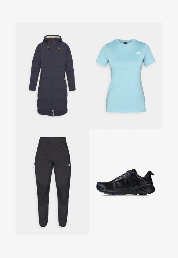 Manteau doudoune marine avec capuche, doté de poches latérales zippées, de cordons élastiques et d'un design matelassé pour l'isolation thermique.; T-shirt en coton bleu clair à manches courtes et col rond ; présente un petit logo blanc sur la partie supérieure gauche de la poitrine.; Pantalons noirs d'extérieur en tissu durable. Dotés de poches zippées, de panneaux de genoux renforcés et d'une coupe droite pour une meilleure mobilité.; Botte de trail running noire avec une tige en mesh et une semelle en caoutchouc. Présente des superpositions texturées, une coque de protection renforcée et un logo de la marque sur le talon.