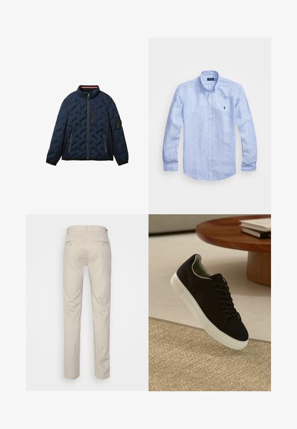 Granatowa kurtka puchowa z wysokim kołnierzem, skośnymi kieszeniami na zamek, elastycznymi mankietami i teksturowanym pikowaniem. Zawiera małą kieszeń na rękawie.; Niebiesko-biała, w paski, koszula z długim rękawem, wykonana z bawełny, z kołnierzykiem zapinanym na guziki, guzikami z przodu oraz małym haftowanym logo na klatce piersiowej.; Beżowe spodnie o gładkiej fakturze, prostym kroju, z dwiema tylnymi kieszeniami z guzikami i standardowym pasem.; Czarny sneaker z białą podeszwą unoszący się nad beżowym, teksturowanym dywanem w pobliżu okrągłego drewnianego stołu z poukładanymi książkami.