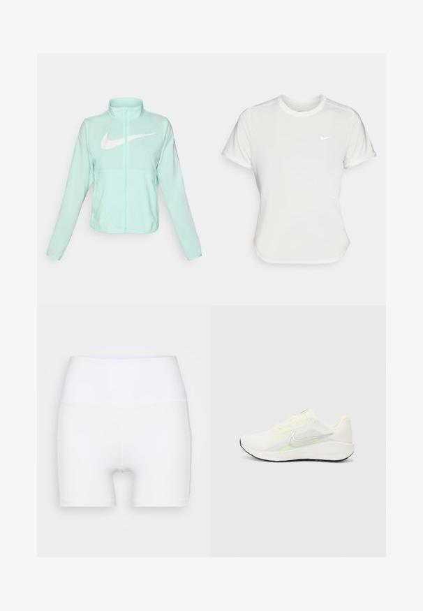 Veste Nike vert menthe avec un col haut, fermeture éclair complète, manches longues et un logo swoosh blanc bien visible sur la poitrine. Tissu léger.; T-shirt Nike en blanc, à manches courtes, col rond, fabriqué dans un tissu lisse et léger. Présente un logo discret sur la poitrine.; Shorts blancs taille haute en tissu extensible. Fabriqués avec une texture lisse et un design ajusté, sans motifs ni accessoires supplémentaires.; Nike Performance DOWNSHIFTER 13 - Chaussures de running sur route - sail/silver-coloured photon dust/summit white/barely volt/black