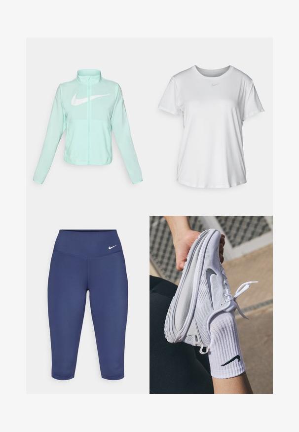 Giacca Nike verde menta con colletto alto, zipper completa, maniche lunghe e un grande logo swoosh bianco sul petto. Tessuto leggero.; T-shirt bianco a maniche corte realizzato in tessuto liscio, con scollatura tonda e un piccolo logo grigio Nike sul petto.; Leggings capri blu navy realizzati in tessuto elastico, dotati di un ampio bordo in vita e di un piccolo logo bianco sul lato sinistro. Nessuna cucitura visibile.; Scarpa da ginnastica bianca con design testurizzato e logo Nike grigio, tenuta sopra un calzino bianco. La scarpa presenta una suola flessibile e lacci.