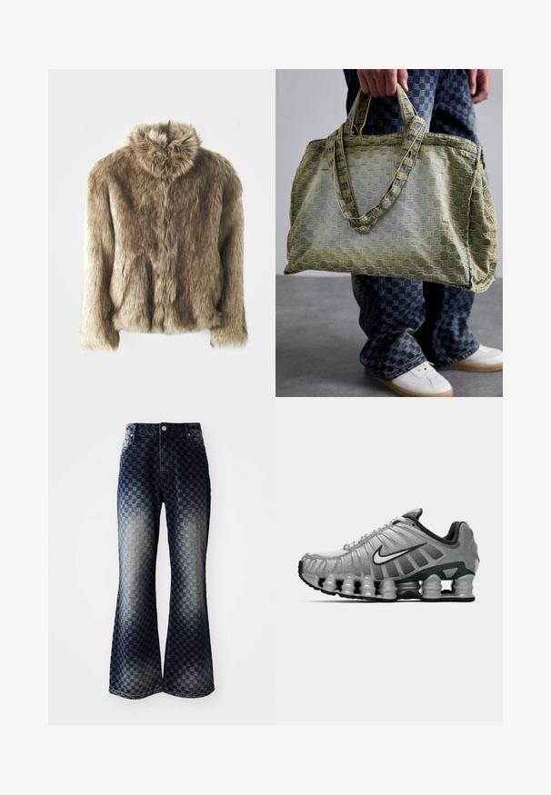 Veste en fausse fourrure dans des tons de marron avec un col rabattable. Présente une fermeture à l'avant, des manches longues et une surface douce et texturée.; T-shirt en coton blanc avec des manches courtes, un col rond, une coupe décontractée et sans logos ni motifs visibles. Texture lisse et design minimaliste.; Jean en denim évasés avec un motif à carreaux ombré allant du foncé au clair, doté d'une fermeture éclair, d'un design classique à cinq poches et de détails en métal argenté.; Chaussure de course Nike grise et noire avec un coussin de type ressort visible sous la semelle et un logo swoosh blanc sur le côté.; Une personne tenant un grand sac fourre-tout texturé jaune et bleu, portant un pantalon à carreaux bleus et des baskets blanches sur un sol gris.
