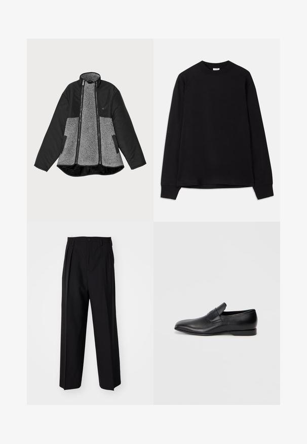 Černá a šedá bunda s fleecovým tělem a hladkým povrchem. Obsahuje vysoký límec, zip a boční kapsy.; Černé dlouhé tričko s dlouhým rukávem vyrobené z měkké bavlny. Má kulatý výstřih, volný střih a žebrované manžety. Bez viditelných vzorů nebo log.; Černé skládací kalhoty s rovnými, širokými nohavicemi. Vyrobené z hladké tkaniny, se zapínáním na knoflík a poutky na opasek.; Černá kožená slip-on obuv s špičatou špičkou, hladkou texturou a jemným logem na boku. Nízký podpatek s čistým, minimalistickým designem.