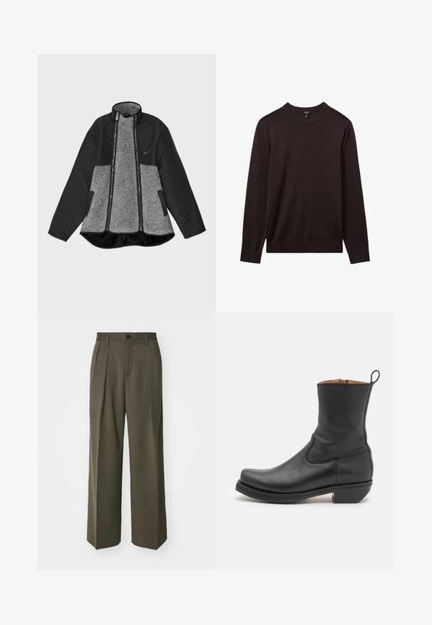 Črna in siva jakna z flisastim telesom in gladkim zunanjem. Ima visok ovratnik, zadrgo in stranske žepke.; Reiss Pulover - dark bordeaux; Filippa K WIDE TROUSERS - Hlače - driftwood; Črne usnjene gležnjarje z gladko teksturo, ozkim profilom, stranskimi šivi in nizko kvadratno peto. Imajo zanko na hrbtni strani za lažje obuvanje.