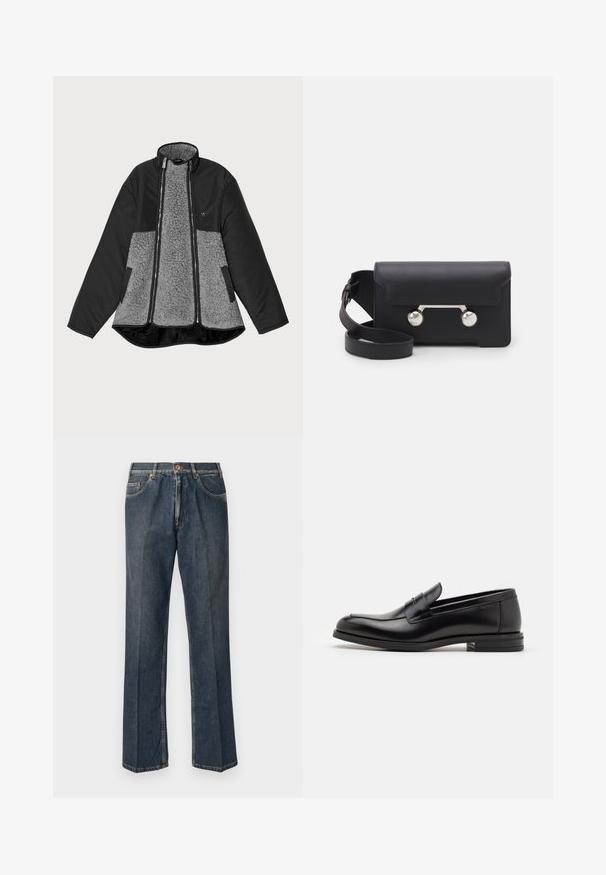 Giacca nera e grigia con corpo in pile e esterno liscio. Presenta un colletto alto, chiusura con zip e tasche laterali.; T-shirt blu navy a maniche corte con scritta bianca "neanche per sogno" centrata sul petto, colletto girocollo, taglia media.; Jeans in denim blu scuro a gamba dritta con bottone frontale, zip, doppie tasche anteriori e pieghe verticali visibili lungo le gambe.; Mocassini neri in pelle con una texture liscia, punta arrotondata e una striscia decorativa sulla tomaia. Tacco basso impilato, design minimalista.; Borsa a tracolla in pelle nera con chiusura a patta, hardware in tonalità argento e due accenti tondi. Dotata di una tracolla removibile. Texture liscia.