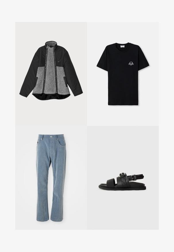 Crna i siva jakna s flis tijelom i glatkom vanjštinom. Ima visoki ovratnik, zatvaranje na munju i bočne džepove.; Crna pamučna majica s okruglim izrezom. Ima mali bijeli grafički dizajn na prsima. Kratki rukavi i ravni rub.; Svijetloplave kabelske hlače s kopčanjem na gumb i patentni zatvarač, prednje džepove i ravne nogavice na bijeloj pozadini.; Crne kožne sandale s dva široka remena i podesivim remenom za gležanj sa kopčom. Ravni đon s teksturiranim rubom.