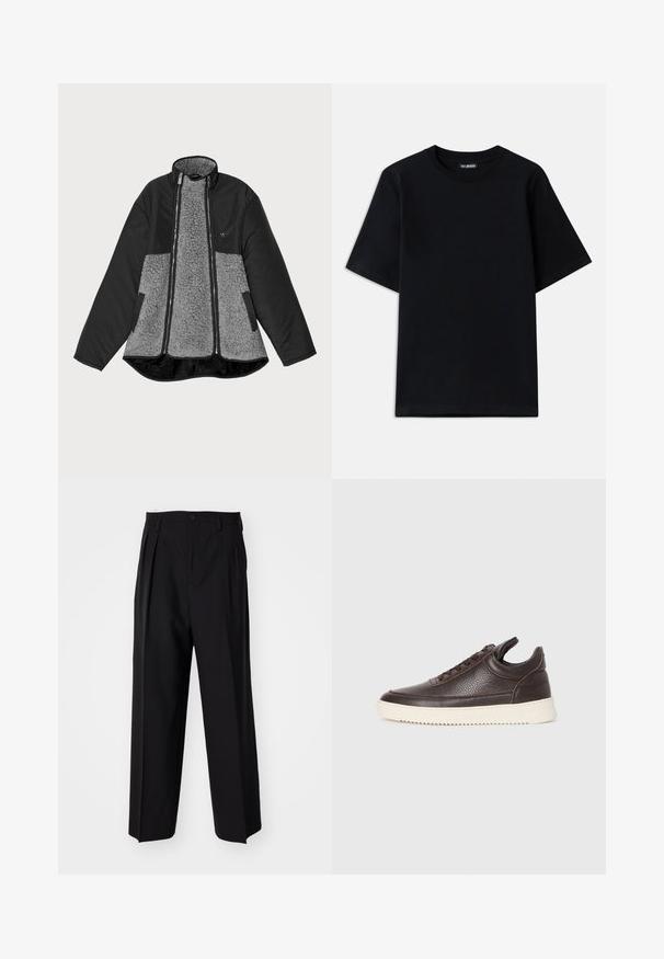 Chaqueta negra y gris con un cuerpo de forro polar y exterior suave. Presenta un cuello alto, cierre de cremallera y bolsillos laterales.; Camiseta de algodón negra con cuello redondo y mangas cortas. Presenta un sutil bordado del logo en el lado izquierdo del pecho. Textura plana y suave.; Pantalones negros plisados con un diseño recto y de pierna ancha. Fabricados en una tela suave, presentan un cierre de botón y trabillas para el cinturón.; Zapatilla de cuero texturizado marrón oscuro con cordones en la parte frontal y suela de goma blanca con estrías sobre un fondo claro y liso.