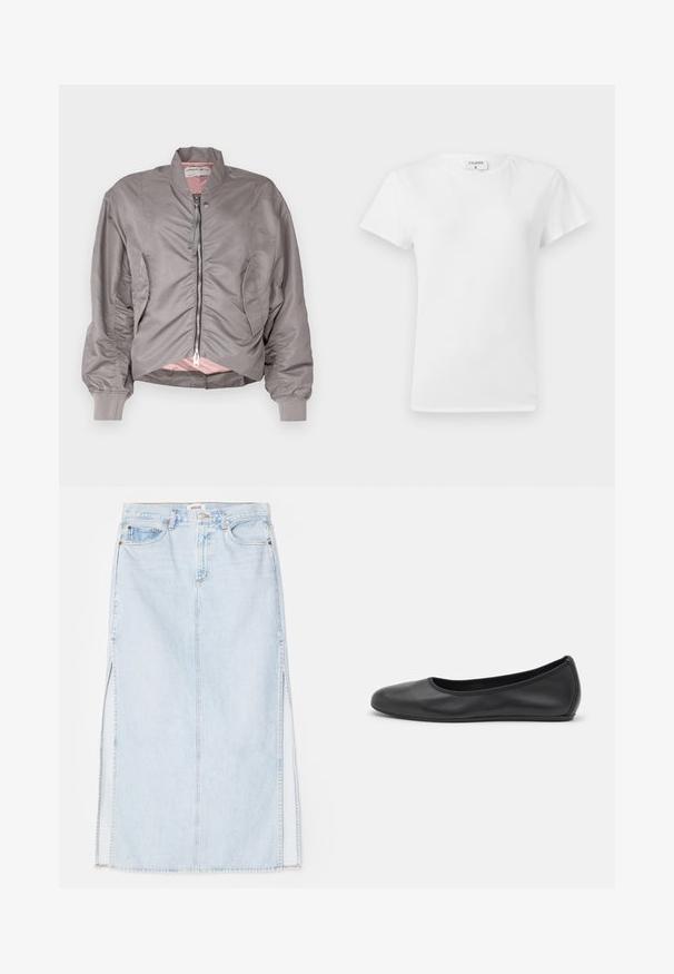 Šedá bomber bunda se zipovým zapínáním, měkkým vnitřkem a nařasenými detaily na rukávech a bocích. Žebrované manžety; hladký vnější povrch.; Bílá bavlněná tričko s kulatým výstřihem a krátkými rukávy, s uvolněným střihem a minimalistickým designem. Štítek je viditelný na krku.; Světle modrá denimová maxi sukně se střihém do tvaru A, která má boční rozparky a design s pěti kapsami. Výrazné švy a kovové zapínání na knoflík.; Černé kožené baletní byty s kulatou špičkou, hladkou texturou, minimálními švy a flexibilním designem podrážky.