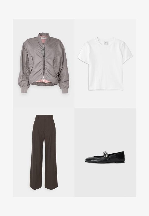 Pilkas bombonešis su užtrauktuku, minkšta vidine dalimi, surinktais detalėmis ant rankovių ir šonų. Kankorėžių tipo rankogaliai; lygus išorinis audinys.; Balta medvilnės marškinėliai su apvalia iškirpte, trumpomis rankovėmis ir tiesiu hemu. Žyma su užrašu "Won Hundred" centre prie iškirptės.; Tamsiai rudos platėjančios kelnės su aukštu liemeniu, pasižyminčios tvarkingai prispaustomis raukšlėmis, lygia tekstūra ir pritaikytu siluetu.; Juodų odinių baletinių batelių su smailiu nosiu, su užrišamu dirželiu su apvalia metaline sagtimi ir plokščiu padu.