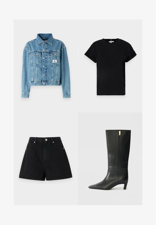 Lys blå denimjakke med krage, lange ermer og sølvknapper. Har to brystlommer og et logo-merke på venstre side.; Svart bomull T-skjorte med rullet kort erm, med et preget logo i midten og en liten flaggdetalj på siden.; Sorte denimshorts med høy midje, fem lommer, sølvfarget detaljer og standard passform, med en jevn tekstur og ren finish.; Sorte lærknæhøje støvler med spids tå og en lille hæl. Har et strømlinet design med en gylden accentdetalje. Glat tekstur.