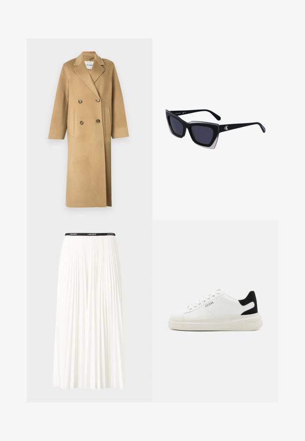 Beige Wollmischungmantel mit einem doppelreihigen Design, großen Knöpfen, Reverskragen und zwei Vorderaschen.; Baumwoll-T-Shirt mit horizontalen navy-blauen Streifen auf weißem Hintergrund. "Tommy Hilfiger" in Kursivschrift auf der Brust gestickt. Runder Halsausschnitt.; Faltenrock aus Weiß mit einem schwarzen elastischen Bund, der das "LACOSTE"-Logo trägt. Mittellanges Design mit weicher Textur.; Weiße Leder-Sneaker mit einer dicken weißen Sohle, schwarzem Wildlederakzent an der Ferse und geprägtem Logo an der Seite. Schnürdesign mit sechs Ösen.; Schwarze übergroße Sonnenbrille mit geometrischer Form, ausgestattet mit dunklen Gläsern und einem kontrastierenden grauen Detail im Rahmen. Logo am Bügel.