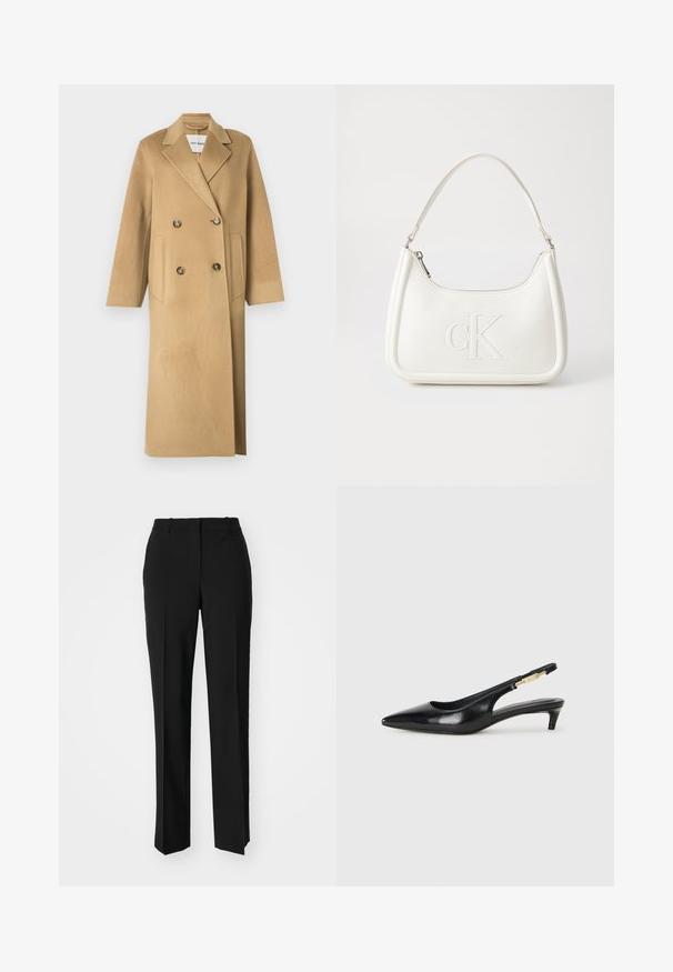 Beige villane segu nõmme, topeltkinnise disainiga, suurte nööbiga, lõikega kraega ja kahe esipocketiga.; Mustmust särk, millel on ümar kaelus, lühikesed varrukad ja tindiga tikitud logo rinnal. Lihtne, mugav lõige ilma mustriteta.; Mustad ja sirged püksid, millel on sile tekstuur ja teravad voldid esiosas. Ilma nähtavate detailideta.; Mustad nahast slingback kontsad terava ninaga, millel on õhuke konts ja kuldse tooni aktsent reguleeritaval rihmal. Sile tekstuur.; Valge nahast käekott, millel on kumer kuju, esiküljel on reljeefne "CK" logo ja üks õlavarre rihm. Ülemine tõmblukkuu.