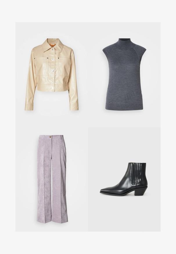 Lühendatud beež faux nahk jope, millel on punktkaelus, hõbedased nööbid, kaks rinna taskut ja sile tekstuur.; Hallituskaaluga ilma varrukateta turtleneck tops, keha libisev sobivus, sooniktekstuur, sile kanga, kõrgema kaeluse ja stiilsete õlavarre avadega.; Heledad lavendlivärviline korduroykangas püksid, millel on kõrge talje, laiad sääred ja eesolevad voldid. Omab ühte nööbi kinnitust ja õmmeldud äärt.; Must kõva nahast ankle boot terava varbaga, elastsete külgpanelide ja vertikaalsete soontega ning madala ploki kontsaga. Sile tekstuur ja stiilne disain.