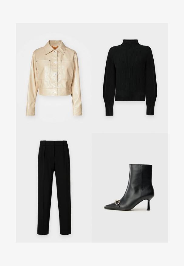 Afskåret beige kunstlæderjakke med spids krave, sølvfarvede trykknapper, to brystlommer og glat tekstur.; Sort striktrøje med høj krave, ribbet tekstur og raglanærmer. Kroppen er let cropped med en tykk ribbet kant.; Sorte skræddersyede bukser med lige pasform, plisseret front, poleret stof og en medium talje. Ingen synlige lommer eller hardware-detaljer.; Sort læder ankelstøvle med spidse tæer, slank hæl i mellemhøjde og sølvspænde detaljer på siden mod en ensfarvet baggrund.