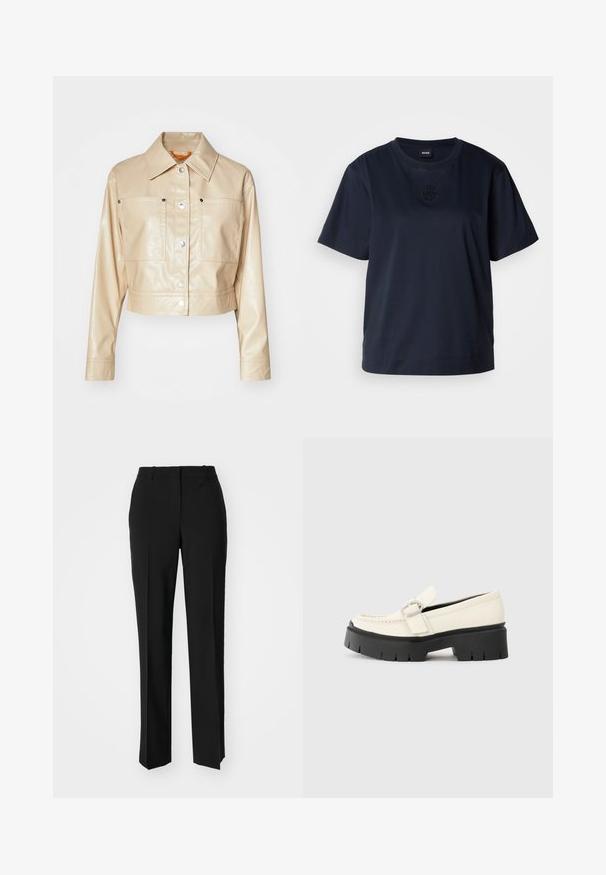 Izgriezta bežīga mākslīgā āda jaka ar norādītu apkakli, sudraba spiedpogām, divām krūšu kabatām un gludu tekstūru.; Tumši zila īsām piedurknēm T-kreklu, kas izgatavots no mīksta kokvilnas. Tam ir apaļa apkakle un diskrēts izšūts logos uz krūšu daļas.; Melnas pielāgotas bikses ar taisnu kāju dizainu, kas raksturojas ar gludu faktūru un asiem krokām pa priekšu. Nav redzamu metāla detaļu.; Baltā ādas loafera ar masīvu melnu platformu, ar taisnstūra sudraba sprādzi un redzamām šuvām augšējā daļā.