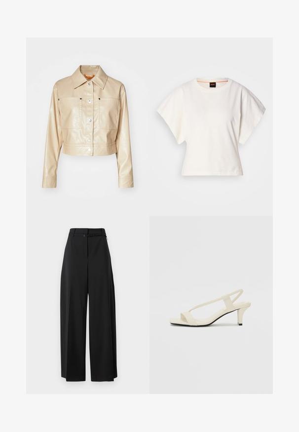 Rövidített bézs műbőr dzseki, hegyes gallérral, ezüst patent gombokkal, két mellzsebbel és sima felülettel.; Fehér, rövid, bő ujjú, crop szabású póló, puha pamut anyagból, kerek nyakkivágással, finom narancssárga díszítéssel, minimalista dizájn, minta vagy grafika nélkül.; Fekete, bő szárú nadrág magas derekú szabással és övvel. Simaságával és letisztult vonalaival a laza illeszkedés érdekében készült.; Beige színű, blokksarkú szandálok vékony pántokkal és négyzet alakú orral. Simább anyag, minimális részletezéssel, amely könnyű viselésre lett tervezve.