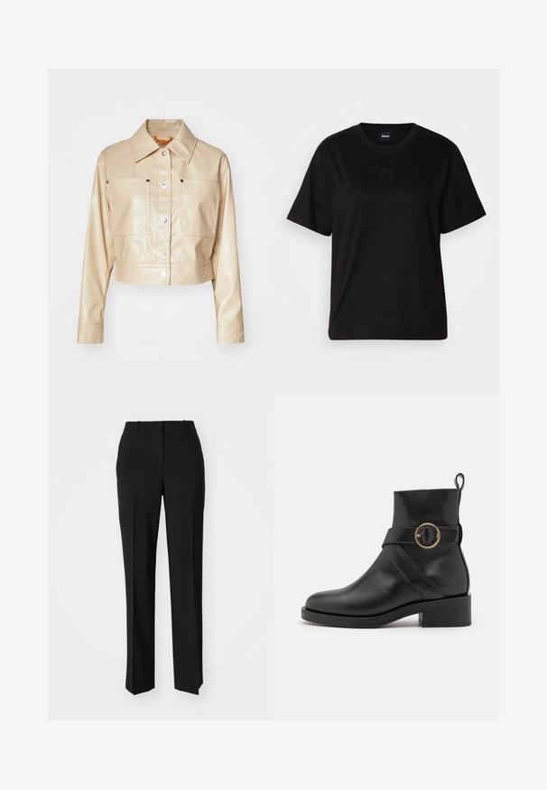 Afskåret beige kunstlæderjakke med spids krave, sølvfarvede trykknapper, to brystlommer og glat tekstur.; Sort bomulds t-shirt med rund halsudskæring, korte ærmer og et broderet logo på brystet. Enkel, afslappet pasform uden mønstre.; Sorte skræddersyede bukser med lige ben-design, der har en glat tekstur og skarpe folder langs fronten. Ingen synlige hardware.; BOSS IRYNA BOOTIE - Plateaustøvletter - black