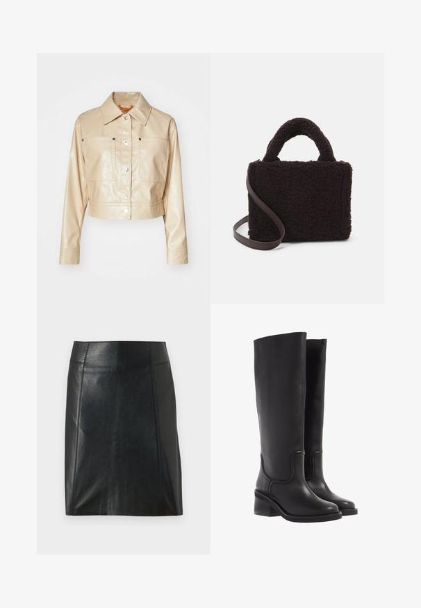 Veste en faux cuir beige raccourcie avec un col pointu, boutons-pression en argent, deux poches poitrine et texture lisse.; Top sans manches en beige clair, en tissu côtelé, avec un col rond et une coupe ajustée. Texture lisse avec des coutures minimales.; Jupe en cuir noir au design ajusté. Texture lisse, coutures soulignant la forme et ourlet droit. Apparence minimaliste et élégante.; Bottes en cuir noir montant jusqu'au genou, avec une texture lisse, un bout arrondi et un talon épais. Présente une couture discrète et un design épuré.; Sac à main marron, texturé, fabriqué en matériau en polaire doux, de forme rectangulaire, avec deux poignées supérieures et une bandoulière marron amovible.