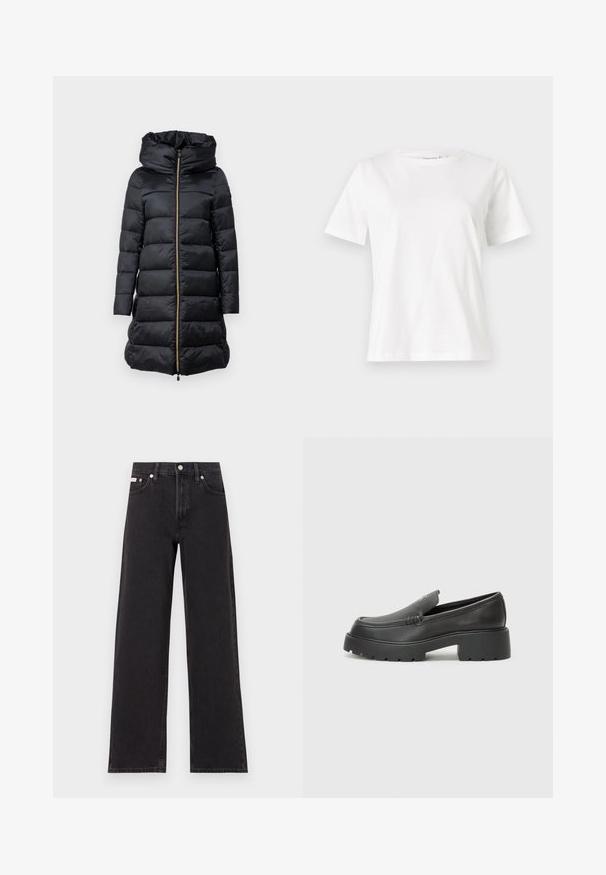 Cappotto piumino nero con cappuccio, dotato di chiusura a zip frontale, texture trapuntata e maniche lunghe. Include un cordino all'orlo e dettagli in hardware dorato.; T-shirt bianca in cotone con maniche corte, scollatura rotonda e vestibilità rilassata. Struttura liscia, senza motivi né accenti, design minimalista.; Jeans neri a gamba larga in denim, con vita alta, styling a cinque tasche e chiusura con bottone metallico e cuciture a contrasto.; Mocassini in pelle nera con punta arrotondata, suola spessa e testurizzata, e minime cuciture. Design elegante senza lacci o parti metalliche visibili.