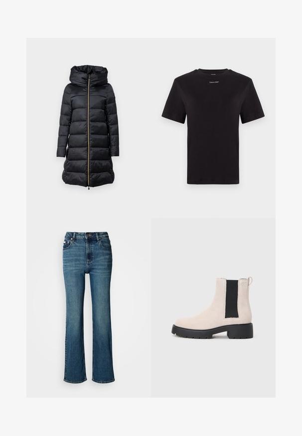 Črn puhovka s kapuco, ki ima zadrgo spredaj, prešito teksturo in dolge rokave. Vključuje vrvico na robu in zlate kovinske dodatke.; Črna bombažna majica s kratkimi rokavi, okroglim izrezom in majhnim belim logotipom "Calvin Klein" na prsih. Gladka tekstura, klasičen kroj.; Visoko pasne modre jeans hlače iz denima, s straight leg dizajnom, rahlim bledenjem in standardnim gumbom ter zadrgo.; Bež usnjeni Chelsea škorenj s črnim elastičnim stranskim panelom, masivnim črnim podplatom in zanka na gležnju.