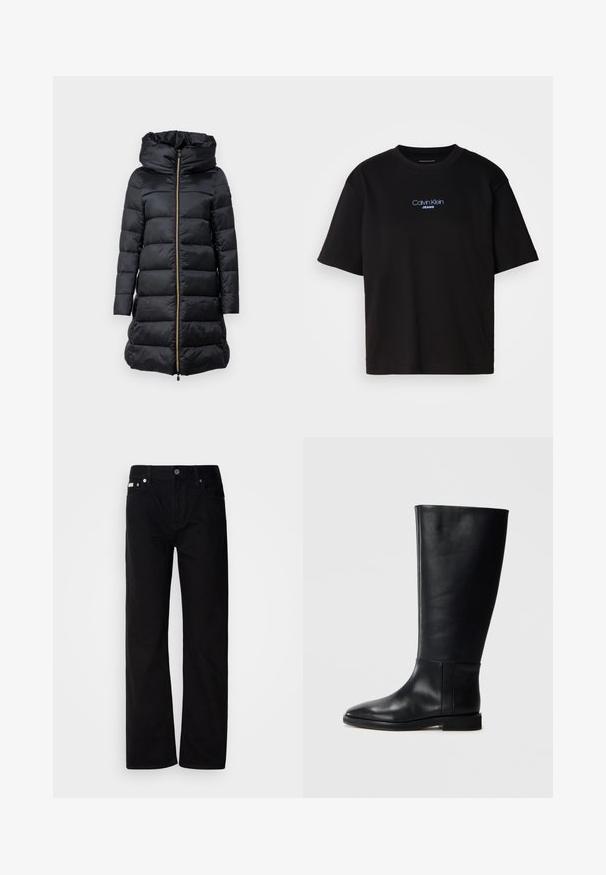 Sort dunjakke med hætte, med lynlås fortil, kviltet tekstur og lange ærmer. Inkluderer snor i kanten og guldfarvede detaljer.; Sort bomulds t-shirt med rund hals, korte ærmer og blåt broderet "Calvin Klein JEANS" logo på fronten.; Sorte denim lige ben bukser med fem lommer, sølvnitter og en knaplukning. Stoffet har en glat, let tekstureret overflade.; Sorte læderknæhigh støvler med rund tå, glat tekstur, minimalistisk design og flad sål. Enkle sømdetaljer på skaftet.