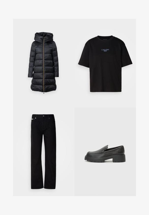 Schwarze Daunenjacke mit Kapuze, ausgestattet mit einem Reißverschluss, gestepptem Material und langen Ärmeln. Mit einem Kordelzug am Saum und goldenen Hardware-Akzenten.; Schwarzes Baumwoll-T-Shirt mit Rundhalsausschnitt, kurzen Ärmeln und blau gesticktem "Calvin Klein JEANS"-Logo auf der Vorderseite.; Schwarze Denim-Hosen mit geradem Bein, fünf Taschen, silbernen Nieten und einem Knopfverschluss. Der Stoff hat eine glatte, leicht strukturierte Oberfläche.; Schwarze Lederloafer mit einer abgerundeten Spitze, dicker strukturierten Laufsohle und minimalen Nähten. Schlankes Design ohne sichtbare Schnürsenkel oder Beschläge.
