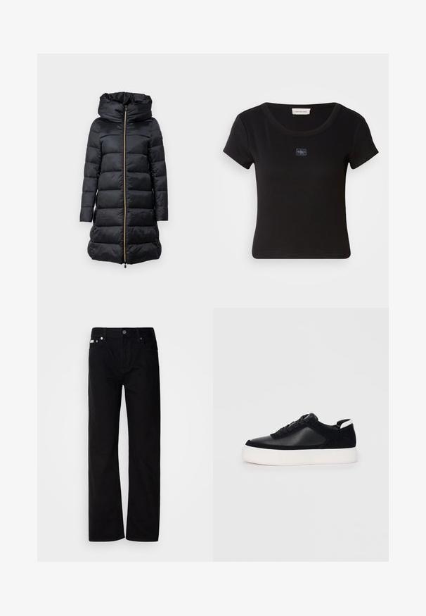 Crni puffer kaput s kapuljačom, s prednjim zatvaračem, kviltanom teksturom i dugim rukavima. Uključuje šnalu na rubu i zlatne detalje.; Crna majica kratkih rukava s rebrastom teksturom, koja sadrži mali logo na prsima i okrugli izrez.; Crne traperice ravnog kroja s pet džepova, srebrnim zakovicama i dugmetom na spratu. Tkanina ima glatku, blago teksturiranu površinu.; Crne tenisice s glatkom kožom i panelima od antilopa, ravne vezice, zaobljenim vrhom i bijelim gumeni potplat. Izraziti logo na peti.
