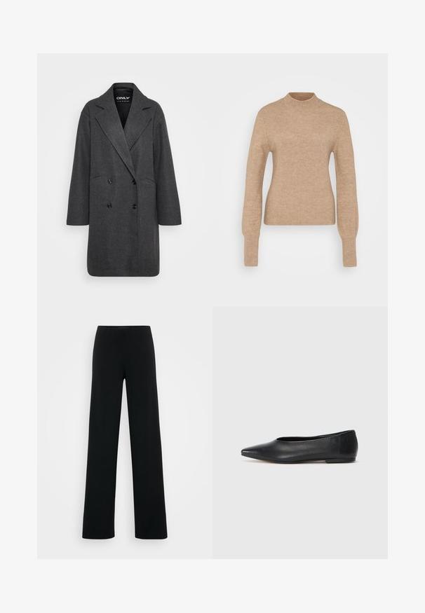 Manteau gris croisé en tissu texturé avec un col à revers, de grands boutons noirs et une coupe décontractée. Pas de poches visibles.; Pull en tricot côtelé beige avec col montant, manches longues et coupe ajustée. Texture douce avec une finition lisse. Design minimaliste ; sans motifs.; Vero Moda Tall VMBERLIN ZAMIRA WIDE  - Pantalon classique - black; Ballerines noires en cuir, à bout pointu, design minimaliste, texture lisse, talon bas, sans matériel ni embellissements visibles.