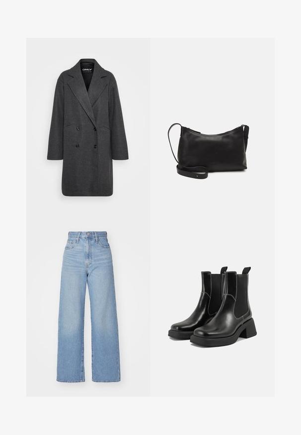 Hallhalline kahe nööbiga mantli, mis on valmistatud tekstuurilisest kangast, millel on nurgeline krae, suured mustad nööbid ja lõdvestatud istuvus. Ükski tasku ei ole nähtav.; Mustvaheline kudum, millel on ümmargune kaelus, langenud õlavarred ja pikad varrukad. Omab tekstureeritud kangast ja lühikest lõiget.; Heledad sinine kõrge vöökohaga laiad teksad, ees nupp ja tõmblukk, ees ja taga taskud, valge tausta peal.; Must musta Chelsea saapad, millel on paks konts, elastsed külgpaneelid ja kontrastne valge õmblus. Tekstuuriga viimistlus.; Mustmust nahk õlakotil on sile tekstuur, kumer kuju, reguleeritav rihm ja lukuga sulgemine. Minimalistlik disain ilma kaunistusteta.