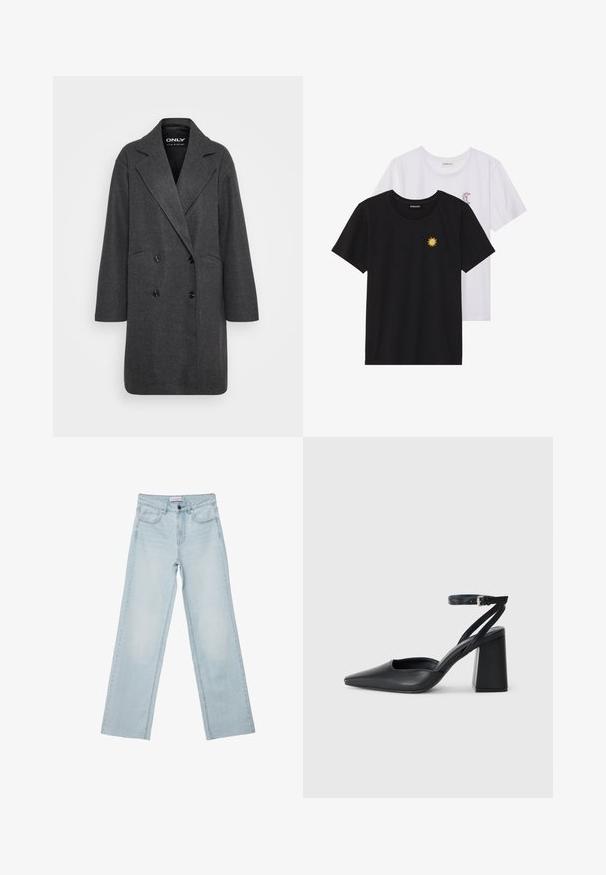 Grijze dubbele jas van textuurstof met een gelapiseerde kraag, grote zwarte knopen en een relaxte pasvorm. Geen zichtbare zakken.; Zwart-witte T-shirts, ronde hals, korte mouwen. Het zwarte shirt heeft gele zon-geborduurde details; het witte shirt heeft een purperen halve maan accent.; Lichtblauwe wijde jeans van denim. Bevat vijf zakken, een knoopsluiting en vervaagde details. Klassieke rechte snit met een losse pasvorm.; Zwarte leren puntige pump met een enkelbandje en een chunky hak. Vlakke textuur, strakke vormgeving en minimalistische esthetiek.
