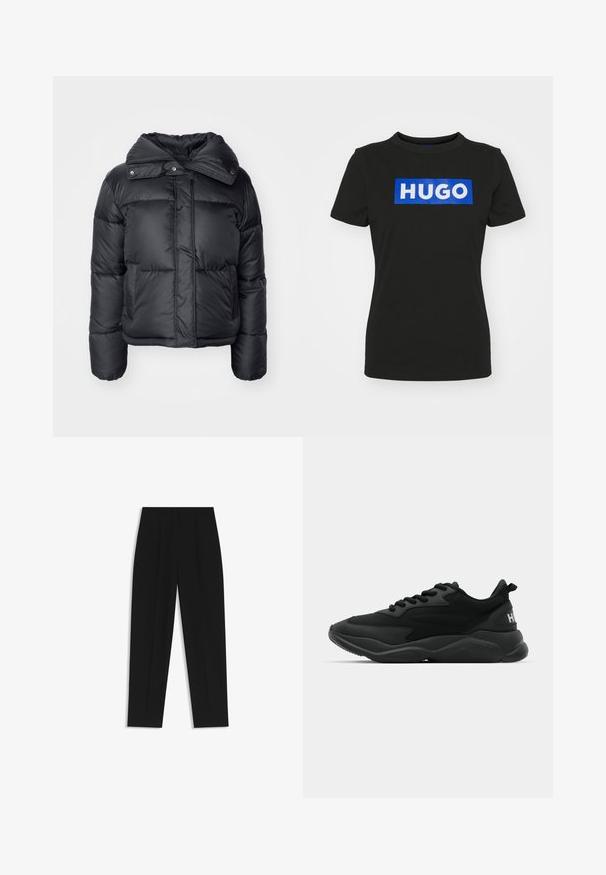 Black puffer jacket with a high collar, snap buttons, and two front pockets. Features a quilted texture and a fitted silhouette.; Black short-sleeve t-shirt made of cotton, featuring a large blue rectangular graphic with the word "HUGO" in white bold letters.; Black trousers with a straight fit, featuring double pleats, a smooth texture, and a classic waistband design. No visible hardware or accents.; Black athletic sneakers featuring a textured upper, lace closure, cushioned sole, and a branded accent on the heel.