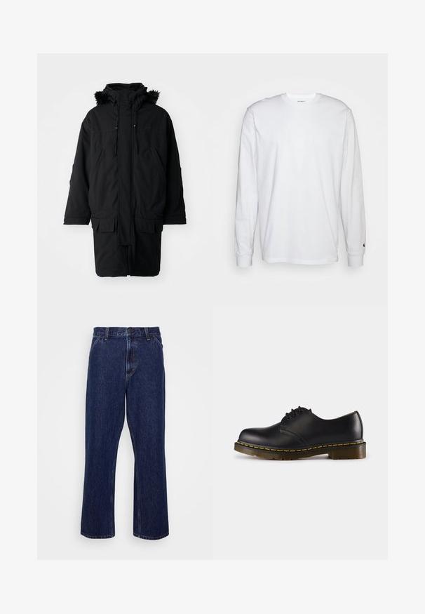 Černá parka s kapucí podšitou kožešinou, s zipovým zapínáním, nastavitelným stahováním v pase a několika předními kapsami. Odolná textilní struktura.; Bílá dlouhá tričko s dlouhými rukávy vyrobené z bavlny. Design s kulatým výstřihem, žebrované manžety a malé logo na levém rukávu. Hladká textura.; Tmavě modré džíny s rovnými nohavicemi, s knoflíkovým zapínáním, pěti kapsami a jemnými švy.; Černá kožená bota s kulatou špičkou, šněrovacím designem, žlutým prošíváním podél podrážky a chunky, texturovanou gumovou podrážkou.