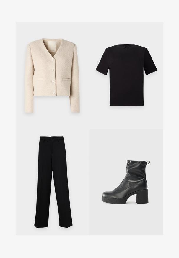 Korta krēmkrāsa jakas, kas izgatavota no teksturēta auduma, ar V veida izgriezumu, četriem baltiem pogām un divām priekšējām kabatām. Vienkāršs, mūsdienīgs dizains.; Melnas īsām piedurknēm T-krekls ar apaļu kakla izgriezumu, izgatavots no mīksta kokvilnas auduma. Vienkāršs dizains, bez redzamām logo vai rakstiem.; Melnas platajās bikses, kas izgatavotas no gludas auduma, ar klasisku jostu un pogu aizdari, kā arī priekšējām kroku detalizācijām.; Melni potītes zābaki, kas izgatavoti no gludas ādas, ar sānu rāvējslēdzēju, masīvu strukturētu papēdi un noapaļotu purngalu.