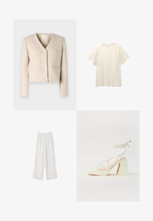 Kratka krema jakna iz teksturirane tkanine, z V-izrezom, štirimi belimi gumbi in dvema sprednjima žepoma. Enostaven, sodoben dizajn.; Svetlo bež kratkosleeven majica s okroglim ovratnikom, izdelana iz mehke, gladke tkanine. Ima sproščen kroj in raven rob.; Bele široke hlače iz lahkega materiala. Imajo elastičen pas s vrvico in stranske žepe. Gladka tekstura.; Bela sandala na visokih petah s debelim petam, ki ima obliko trakcev in vezanje okoli gležnja. Gladka tekstura z platformo spredaj za dodatno višino.