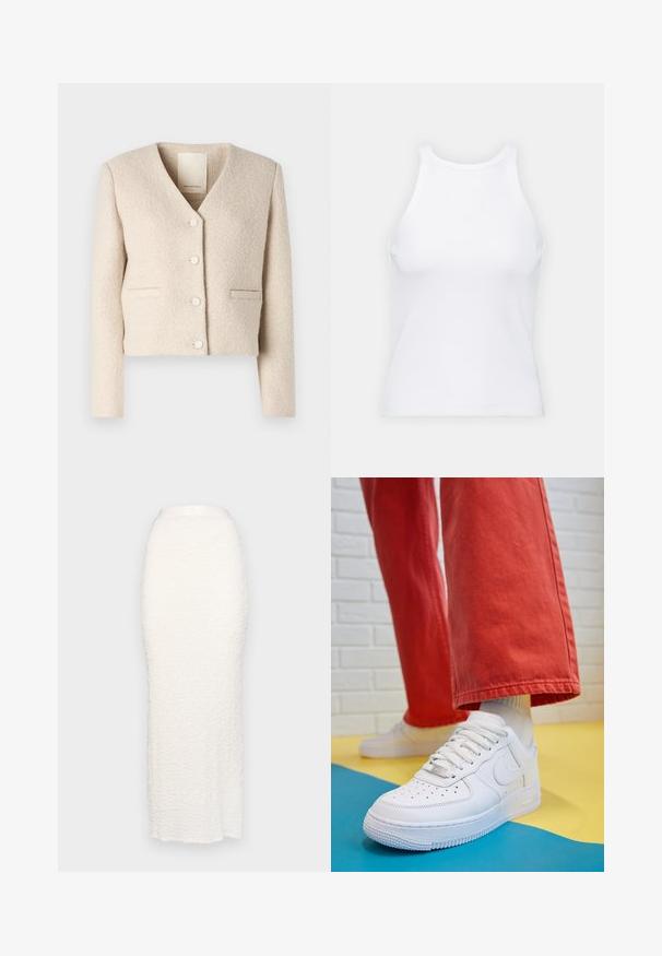 Trumpetas kreminės spalvos švarkas, pagamintas iš tekstūruoto audinio, su V formos iškirpte, keturiais baltais mygtukais ir dviem priekinėmis kišenėmis. Paprastas, modernus dizainas.; Baltas be rankovių marškinėlis, pagamintas iš išklotinės medžiagos, su apvaliu iškirpimu ir prigludusia siluetu, minimaliais siūlais ir be dekoracijų.; Gina Tricot STRUCTURE MAXI SKIRT - Maksi sijonas - white; Baltos odinės kedų sportbačiai su perforuotu pirštu, tekstūruota pado dalimi ir baltais raišteliais, derinami su plačiomis raudonomis kelnėmis ir mėlynos bei geltonos spalvų fono kompozicija.