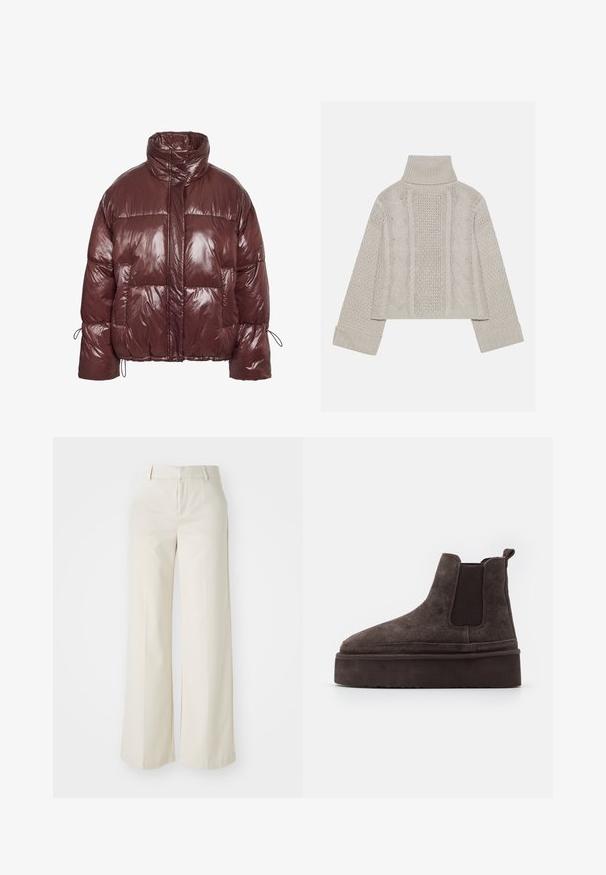 Tamsiai raudonas pūkinis švarkas iš blizgios, paminkštintos medžiagos. Turi aukštą apykaklę, rankovių gale esančią elastinę raištelę ir dideles priekinės dalies kišenes.; Sumažintas šviesiai pilkas megztinis su aukštu apykakle ir rūdytomis rankovėmis, su tekstūriniais kabelių raštais nugaroje ir šonuose.; Pločios kojos kelnės šviesiai bežinės spalvos, pagamintos iš lygaus audinio. Yra klasikinis juosmens dizainas ir lygūs priekiniai įsiuvai su švariomis linijomis.; Rudos gamtos nubuko Chelsea batai su elastingomis šoninėmis detalėmis ir storu, tekstūruotu platformos padu. Šiame modelyje yra kilpos elementas kulne, kuris palengvina apsiaustą.