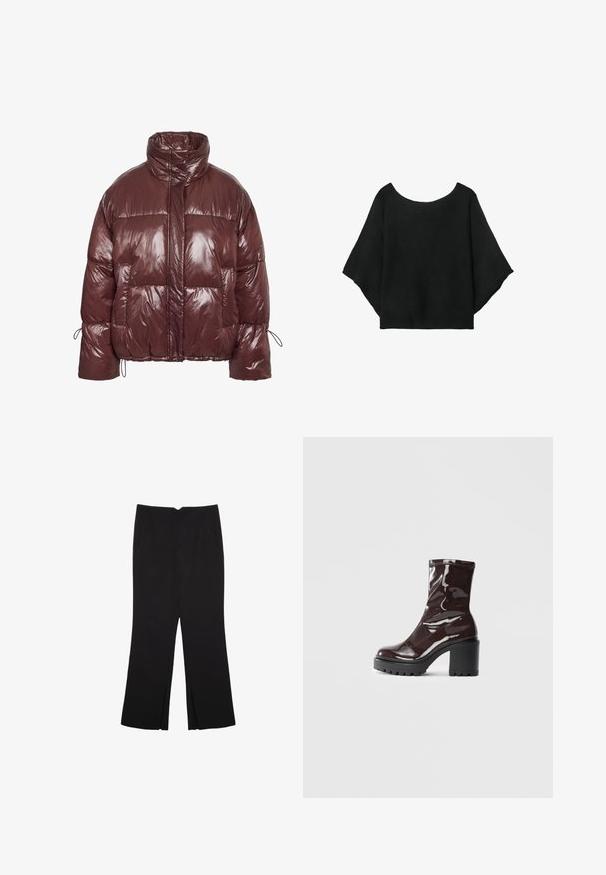 Bordo puhasta jakna, narejena iz sijočega, odebeljenega materiala. Ima visok ovratnik, elastičen vrvico na rokavih in velike sprednje žepke.; Črn pleteni top s širokimi rokavi, krojem z okroglo izrezano vratnim delom in sproščenim fitom. Tkanina ima rebrasto teksturo, brez zapiralk ali vzorcev.; Črne hlače ravnega kroja z naglavnimi žepi in stranskimi razporki na robu. Narejene iz mehke, gladke tkanine. Primerne za različne priložnosti.; Sijajan škrlatank z bleščečim videzom, z masivnim črnim peto, ki se ponaša z gladko teksturo in preprostim dizajnom. Brez vidnih zapenjal ali vzorcev.