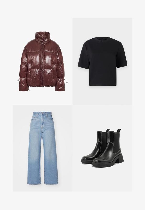 Sarkanbrūna apģērba jaka no spīdīga, pildīta materiāla. Raksturo augsts apkaklis, elastīga aukliņa uz piedurknēm un lielas priekšējās kabatas.; Melna īsām piedurknēm T-kreklā, ar apaļu izgriezumu, izgatavots no gludas kokvilnas auduma; brīva piegriešana, minimāls dizains, bez redzamām rakstu vai akcentu detaļām.; Gaiši zili augstās jostas vidukļa platās bikses ar priekšējo pogu un rāvējslēdzēju, priekšējām un aizmugurējām kabatām uz baltā fona.; Melni ādas Čelsijas zābaki ar masīvu papēdi, elastīgām sānu panelēm un kontrastējošu balto šuvumu. Teksturēts apdare.