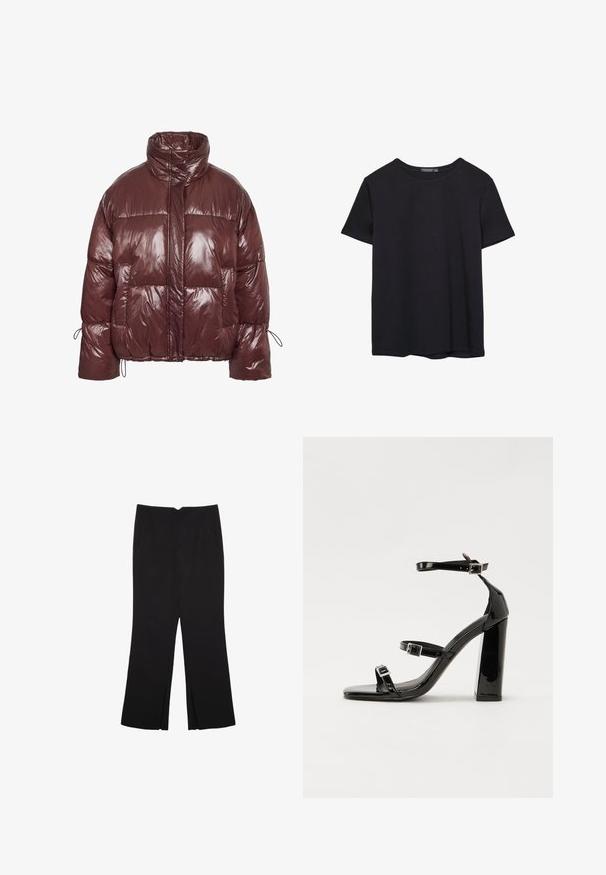 Vínová prošívaná bunda z lesklého, polstrovaného materiálu. Má vysoký límec, elastický stahovací šňůrky na rukávech a velké přední kapsy.; Jednoduché černé bavlněné tričko s krátkým rukávem a kulatým výstřihem, vystavené na bílém pozadí.; Černé kalhoty s rovným střihem, s předními kapsami a bočními rozparky na lemu. Vyrobené z jemné, hladké tkaniny. Vhodné na různé příležitosti.; Černé lakované sandály na podpatku se čtveratou špičkou, lýtkovými pásky a stříbrnými přezkami. Disponují masivním blokovým podpatkem pro stabilitu.