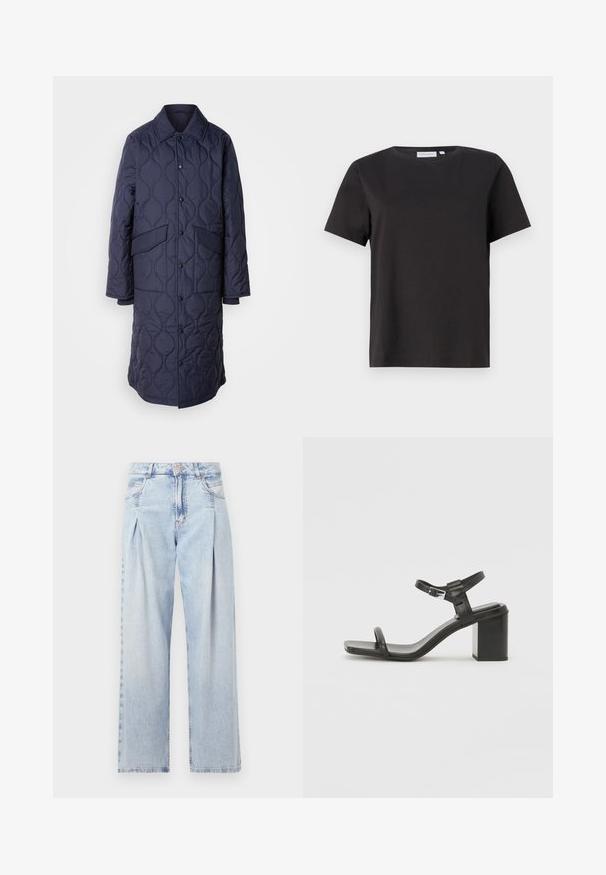 Casaco acolchoado azul-marinho com colarinho, bolsos frontais e fecho de botão de pressão. Apresenta um padrão ondulado distinto na textura do tecido.; T-shirt de algodão preto com mangas curtas, decote redondo e um design simples e limpo. Sem padrões ou adornos visíveis.; Jeans de denim azul claro com cintura alta, corte largo, dois bolsos laterais e detalhe de pregas. Textura suave com um acabamento desbotado.; Sandal de bloco em pele preta com uma tira larga sobre os dedos e uma tira ajustável no tornozelo, apresentando um design elegante e minimalista.