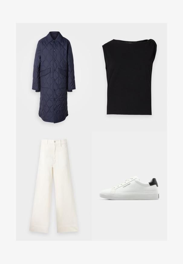 Marineblauwe gewatteerde jas met een kraag, voorzakken en drukknoopsluiting. Heeft een onderscheidend golvend patroon op de stof.; Zwart kortmouwtop gemaakt van soepel stof. Heeft een ronde halslijn en een gedrapeerd detail op de schouder. Eenvoudig, aansluitend ontwerp.; Bredere broek van lichtbeige katoen. Heeft een hoge taille, voorzakken en een rechte snit. Schoon afgewerkte zoom zonder patronen.; Witte sneaker met een gladde afwerking, zwarte hielaccenten en vetersluiting. Bevat "Calvin Klein" branding aan de zijkant. Minimalistische stijl.