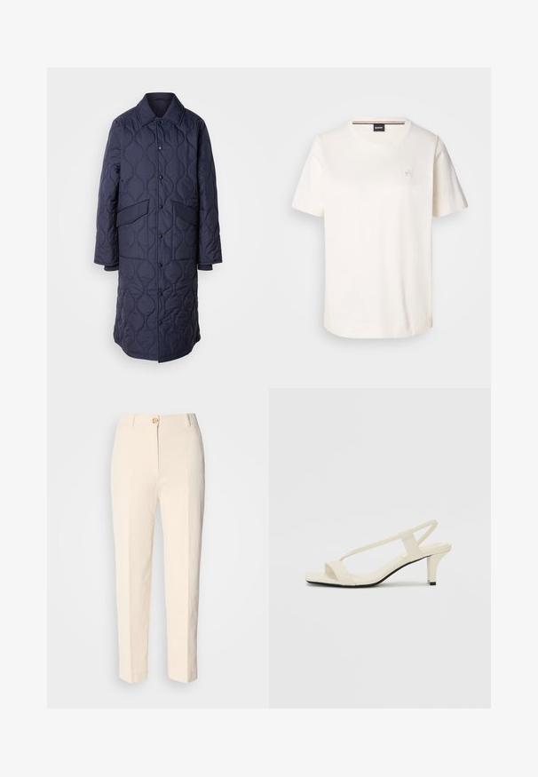 Navy quilted coat with a collar, front pockets, and snap-button closure. Features a distinct wavy pattern on the fabric texture.; White cotton t-shirt with short sleeves, round neckline, and a small logo on the chest. Smooth texture and straight hemline.; Cream-colored, high-waisted trousers made of textured fabric. Features a front button closure and tapered legs.; Beige block-heeled sandals with thin straps and a square toe. Smooth material with minimal detailing, designed for easy wear.