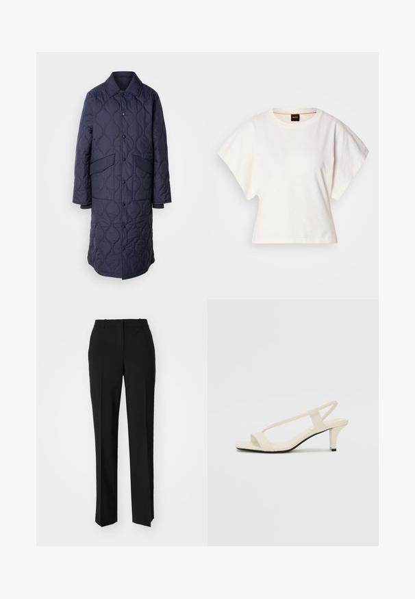 Marineblauwe gewatteerde jas met een kraag, voorzakken en drukknoopsluiting. Heeft een onderscheidend golvend patroon op de stof.; Witte gecropte T-shirt, korte brede mouwen, zachte katoenmaterialen, ronde halslijn met subtiele oranje rand, minimalistisch ontwerp, geen patronen of graphics.; Zwarte op maat gemaakte broek met een recht model, voorzien van een soepele textuur en scherpe plooien aan de voorkant. Geen zichtbare hardware.; Beige blockhak sandalen met dunne bandjes en een vierkante neus. Glad materiaal met minimale details, ontworpen voor eenvoudig dragen.