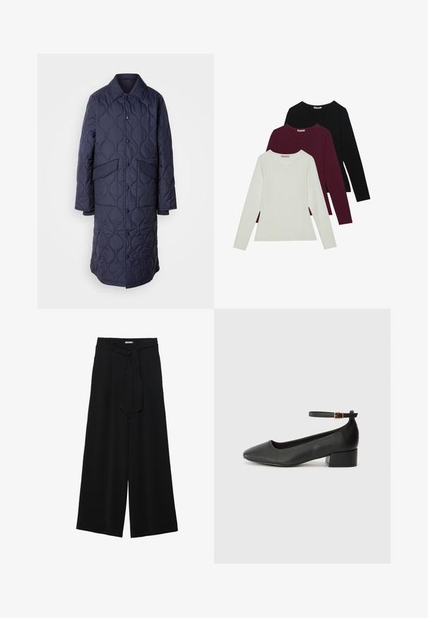 Granatowa pikowana kurtka z kołnierzem, przednimi kieszeniami i zapięciem na zatrzaski. Posiada charakterystyczny falisty wzór na strukturze materiału.; Koszulki z długim rękawem w kolorach białym, burgundowym i czarnym. Wykonane z miękkiej tkaniny, z okrągłym dekoltem i dopasowanym krojem. Idealne do warstwowego ubierania.; Czarne spodnie szerokie z teksturowanej tkaniny, z elastycznym paskiem w talii i odpinanym paskiem w talii dla regulowanego dopasowania.; Czarne skórzane szpilki z ostrym noskiem i niskim słupkowym obcasem. Wyposażone w pasek na kostkę z złotym zapięciem. Gładka tekstura.