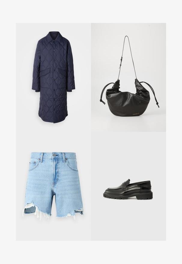 Námornícky prešívaný kabát s golierom, prednými vreckami a zapínaním na patentky. Vyniká charakteristickým vlnitým vzorom na textúre látky.; Biela bezrukávová tielko vyrobené z rebrovanej látky, s okrúhlym výstrihom a priliehavým strihom, s minimálnymi švami a bez ozdôb.; Svetlomodré denimo šortky s klasickým päť vreckovým dizajnom, roztrhnutým lemom a poškodenými detailmi na prednej strane.; Čierne kožené slip-on topánky s okrúhlou špičkou, hrubou textúrovanou podrážkou a jemným švom. Obsahujú malé logo na zadnej strane.; Čierna mäkká kožená taška cez rameno s nastaviteľným tenkým popruhom, zhrnuté strany viazané uzlami a malým zlatým logom na prednej dolnej pravej strane.
