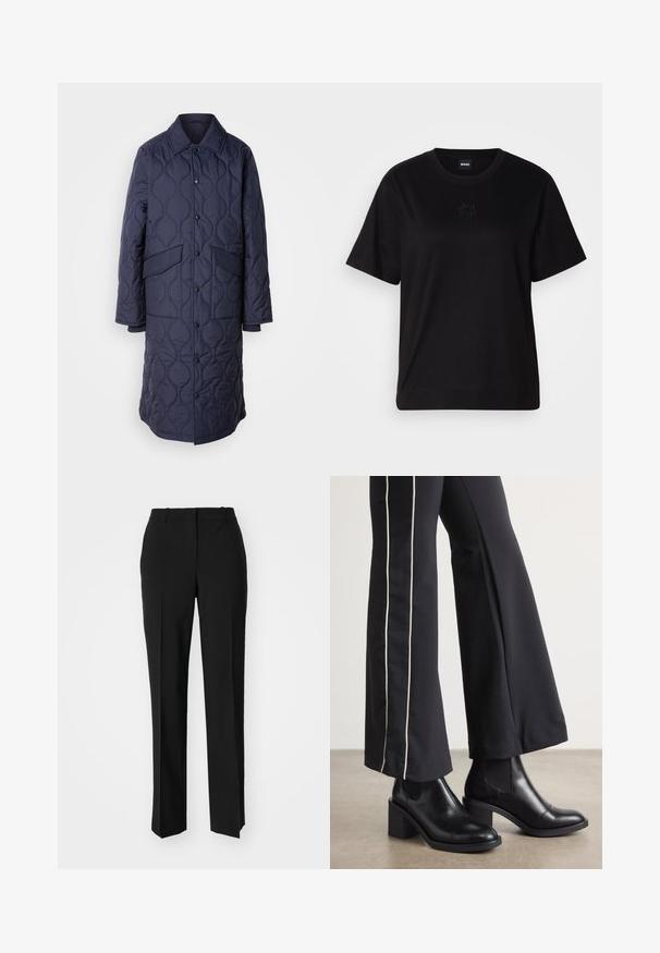 Námornícky prešívaný kabát s golierom, prednými vreckami a zapínaním na patentky. Vyniká charakteristickým vlnitým vzorom na textúre látky.; Čierne bavlnené tričko s okrúhlym výstrihom, krátkymi rukávmi a vyšívaným logom na hrudi. Jednoduchý, voľný strih bez vzorov.; Čierne krajčírské nohavice so strihom rovného nohu, s hladkou textúrou a ostrými skladmi pozdĺž prednej časti. Žiadne viditeľné hardvér.; Čierne kožené členkové topánky s blokovým podpätkom, vybavené elastickými bočnými panelmi. Skombinované s čiernymi nohavicami, ktoré majú biely bočný pruh.