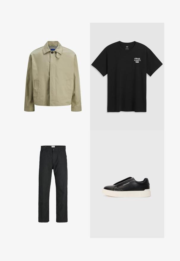 Beige letvægtsjakke med krave, enkel knaplukning, to sidelommer og lige snit design. Glat tekstur.; Sorte bomulds t-shirt med et brysttryk, der står "HOUSE PLANTS" i hvid stiliseret skrift med "Levi's" nedenunder. Klassisk rund halsudskæring.; Sorte bukser lavet af holdbart stof, med en lige pasform, syede detaljer og to forlommer for funktionalitet.; Sort slip-on sneakers med tekstureret læderoverdel, hvid gummisål og uden synlige snørebånd. Har brandlogo på siden.