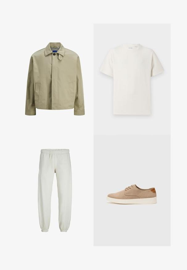 Beige lightweight jacket featuring a collared neck, single button closure, two side pockets, and a straight cut design. Smooth texture.; White short-sleeve T-shirt in a ribbed texture. Round neckline, relaxed fit, no visible patterns or accents. Simple and versatile design.; White sweatpants made from soft fabric, featuring an elastic waistband and cuffs, with a smooth texture and loose-fitting design.; Beige suede sneakers with a rounded toe, lace-up front, and a textured back accent. White rubber sole provides contrast. Simple and modern design.